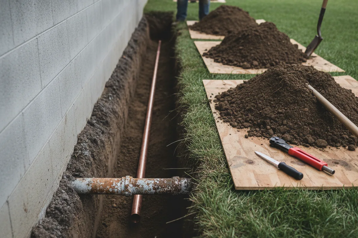 Excavated water line trench during Water Softener Installation in Chula Vista